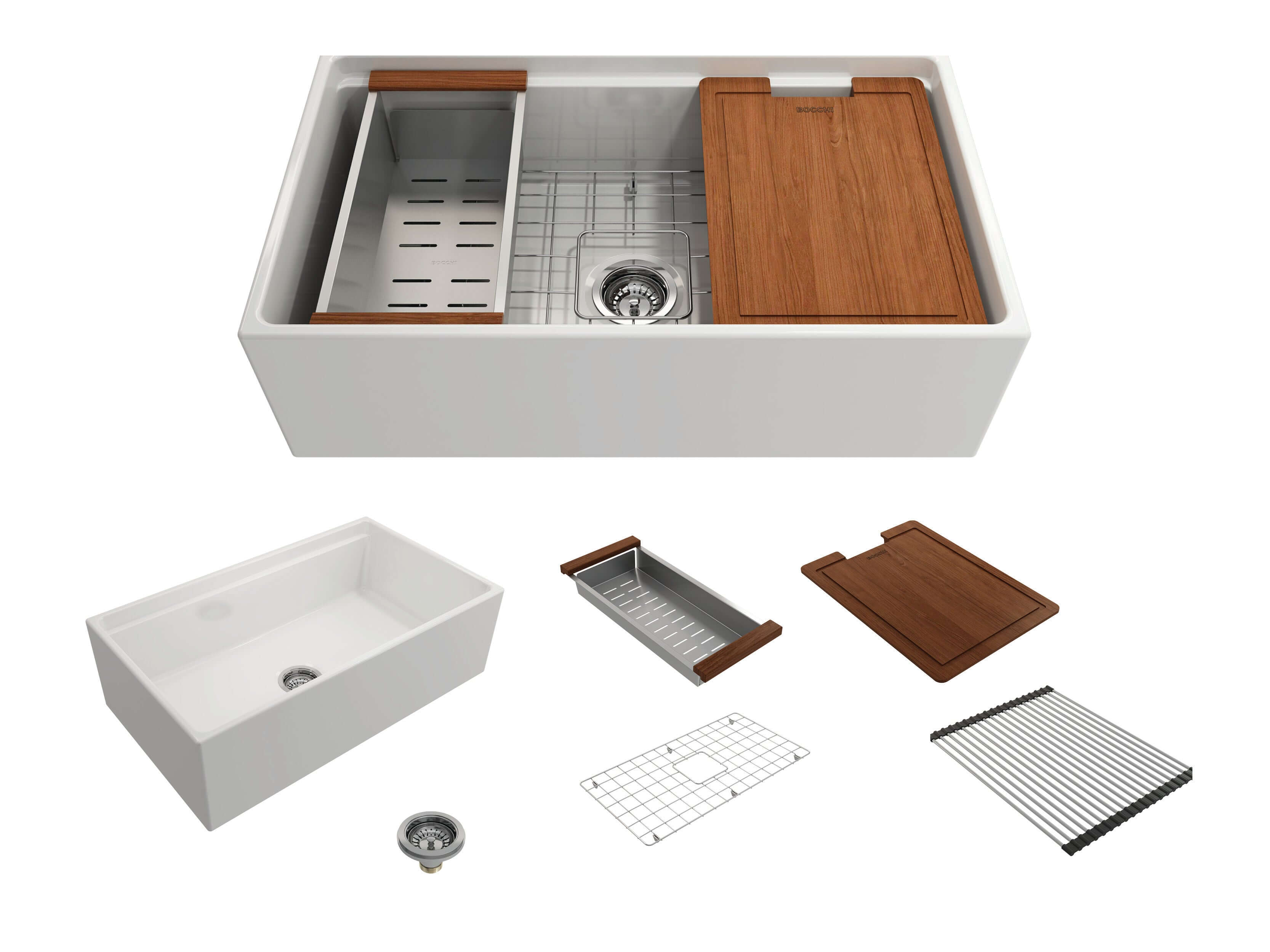 Alternate Image for BOCCHI Contempo 33" Fireclay Workstation Farmhouse Sink with Accessories, White, 1504-001-0120 product photo from The Sink Boutique Us