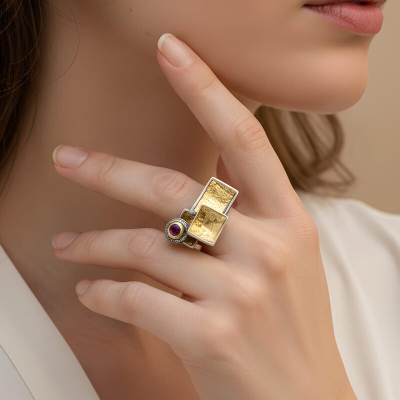22K Gold Sterling Silver Ring Faceted Garnet Artisan Statement Jewelry product photo from Katre Sliver